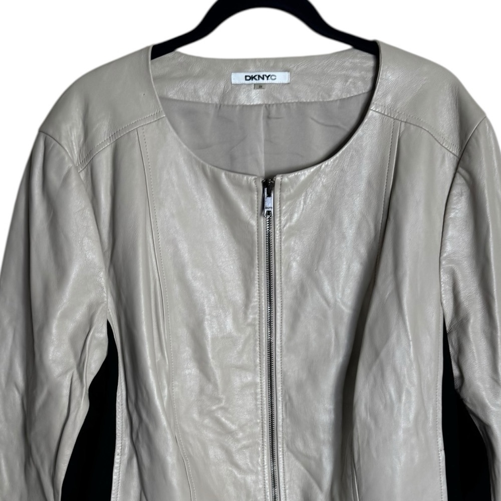 DKNY Lamb Leather Jacket Collarless Tan size 2X - Picture 3 of 8